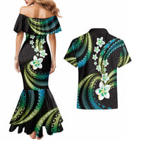 Hawaii Plumeria Couples Matching Mermaid Dress and Hawaiian Shirt Chartreuse Cyan Polynesian Pattern LT01 - Polynesian Pride