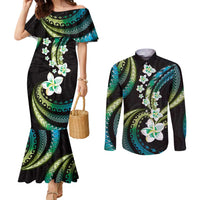 Hawaii Plumeria Couples Matching Mermaid Dress and Long Sleeve Button Shirt Chartreuse Cyan Polynesian Pattern LT01 Cyan - Polynesian Pride