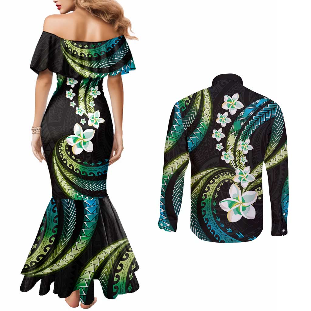 Hawaii Plumeria Couples Matching Mermaid Dress and Long Sleeve Button Shirt Chartreuse Cyan Polynesian Pattern LT01 - Polynesian Pride