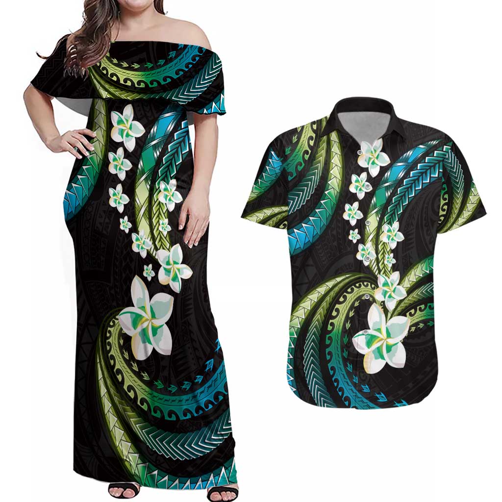 Hawaii Plumeria Couples Matching Off Shoulder Maxi Dress and Hawaiian Shirt Chartreuse Cyan Polynesian Pattern LT01 Cyan - Polynesian Pride