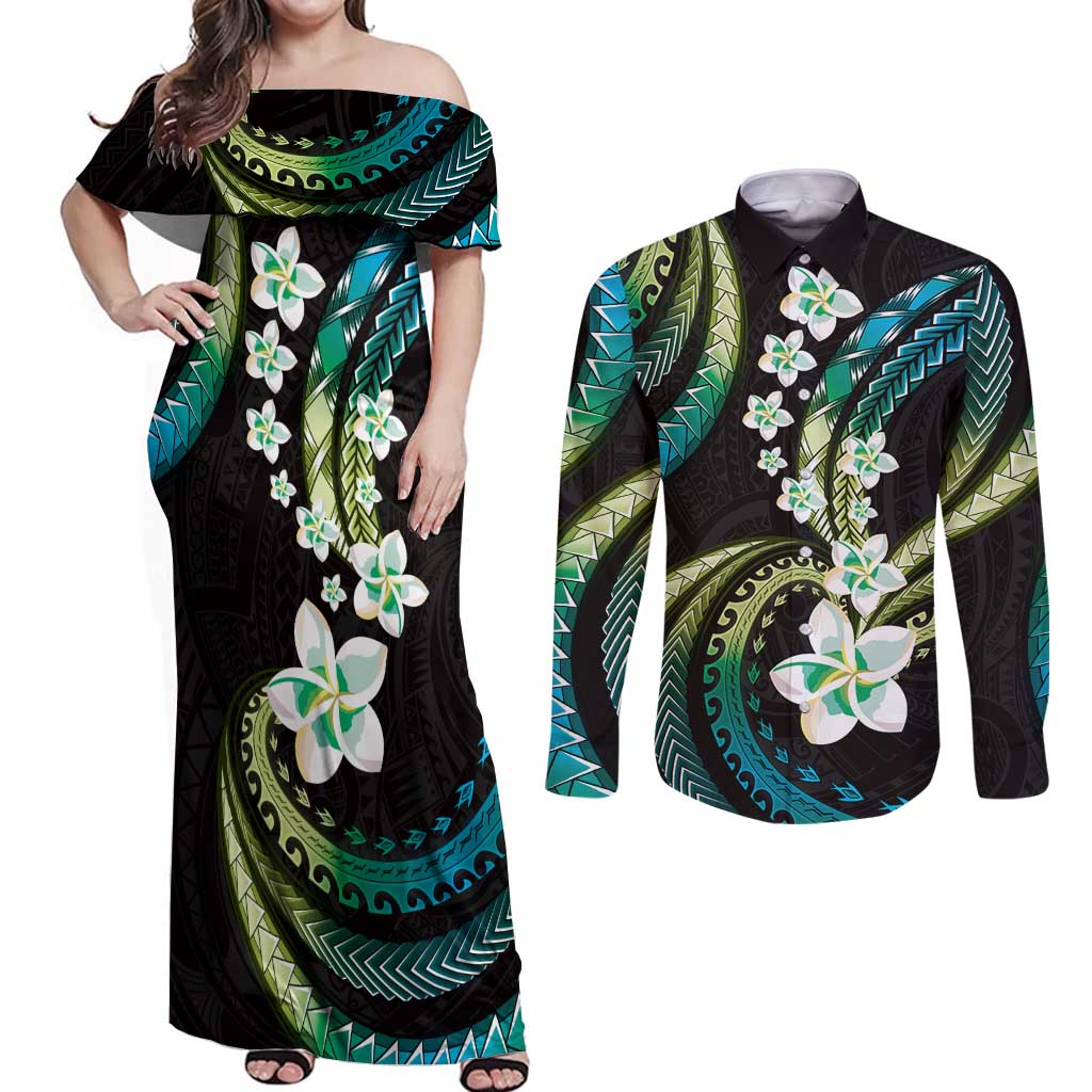 Hawaii Plumeria Couples Matching Off Shoulder Maxi Dress and Long Sleeve Button Shirt Chartreuse Cyan Polynesian Pattern LT01 Cyan - Polynesian Pride