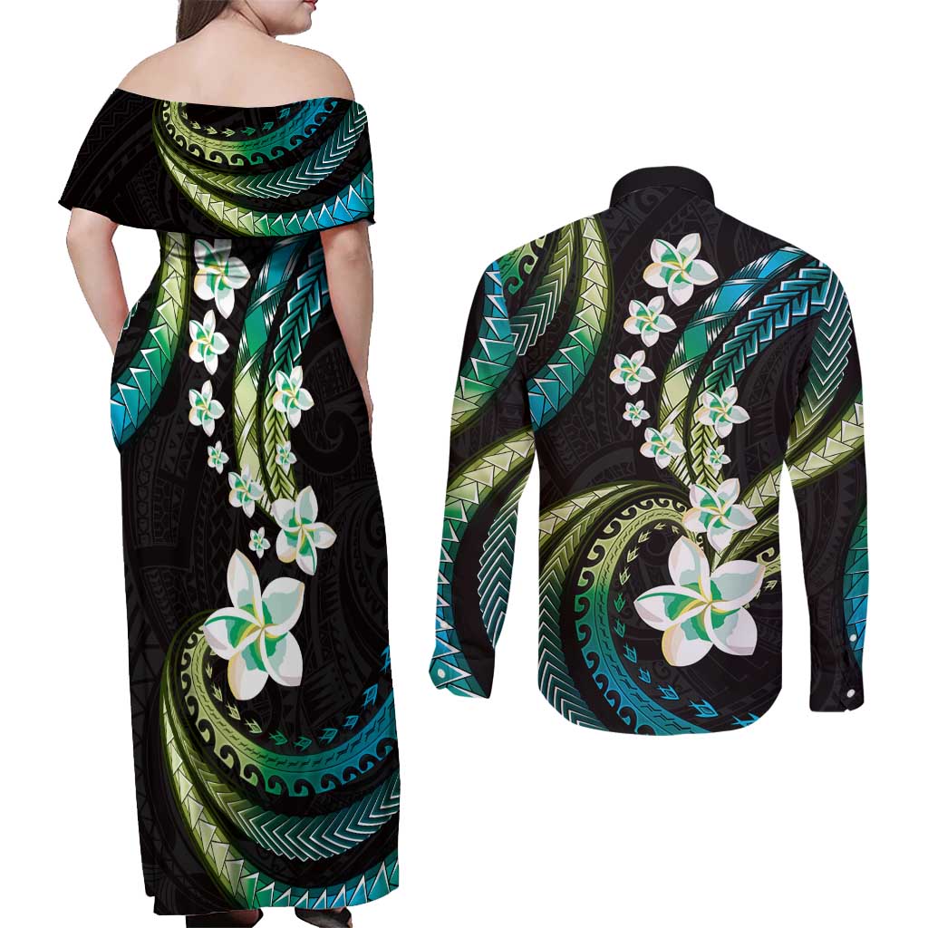 Hawaii Plumeria Couples Matching Off Shoulder Maxi Dress and Long Sleeve Button Shirt Chartreuse Cyan Polynesian Pattern LT01 - Polynesian Pride