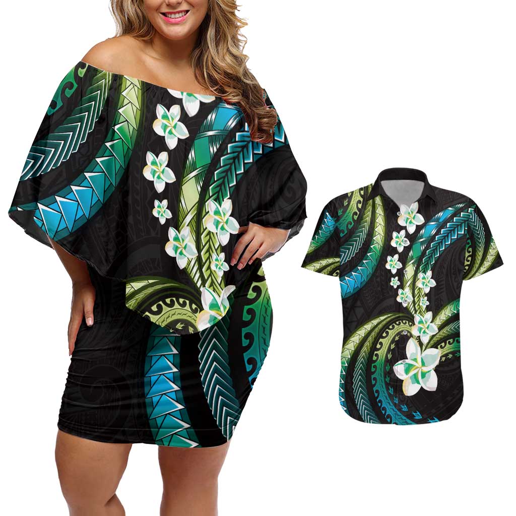 Hawaii Plumeria Couples Matching Off Shoulder Short Dress and Hawaiian Shirt Chartreuse Cyan Polynesian Pattern LT01 Cyan - Polynesian Pride