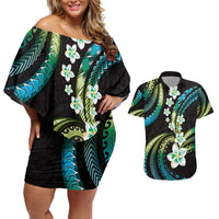 Hawaii Plumeria Couples Matching Off Shoulder Short Dress and Hawaiian Shirt Chartreuse Cyan Polynesian Pattern LT01 Cyan - Polynesian Pride