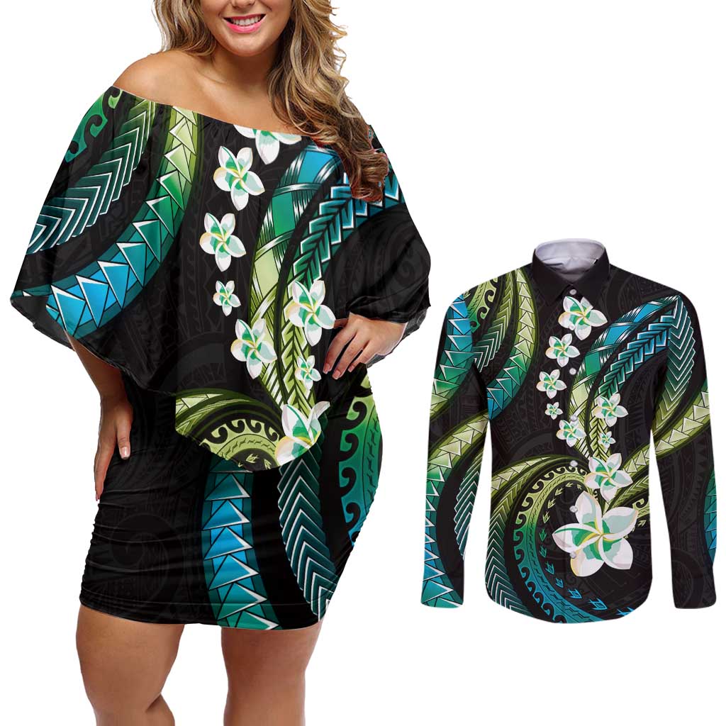 Hawaii Plumeria Couples Matching Off Shoulder Short Dress and Long Sleeve Button Shirt Chartreuse Cyan Polynesian Pattern LT01 Cyan - Polynesian Pride