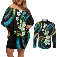 Hawaii Plumeria Couples Matching Off Shoulder Short Dress and Long Sleeve Button Shirt Chartreuse Cyan Polynesian Pattern LT01 Cyan - Polynesian Pride