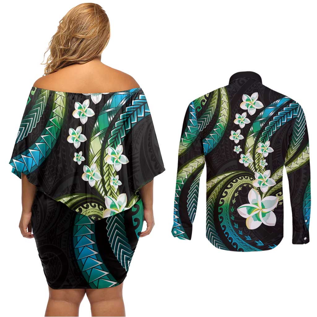 Hawaii Plumeria Couples Matching Off Shoulder Short Dress and Long Sleeve Button Shirt Chartreuse Cyan Polynesian Pattern LT01 - Polynesian Pride
