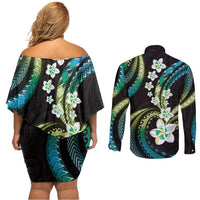 Hawaii Plumeria Couples Matching Off Shoulder Short Dress and Long Sleeve Button Shirt Chartreuse Cyan Polynesian Pattern LT01 - Polynesian Pride