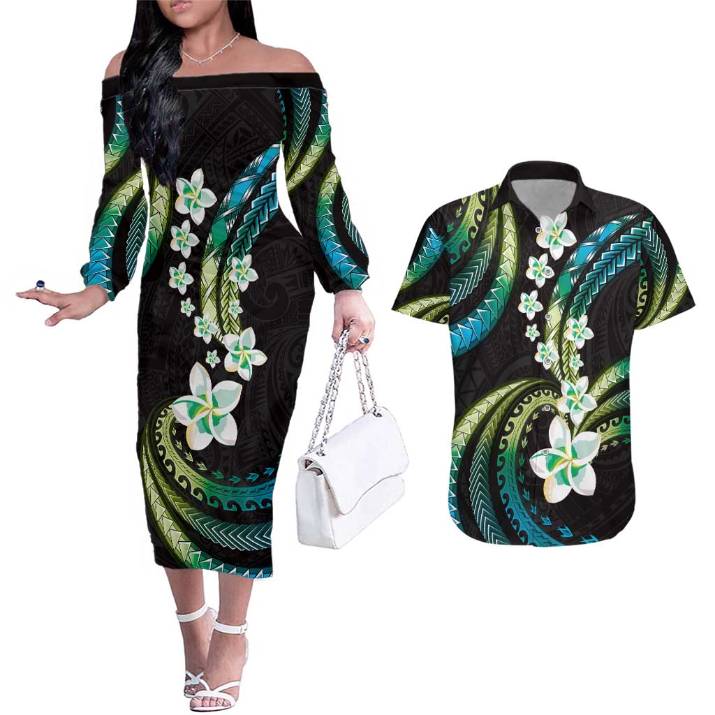 Hawaii Plumeria Couples Matching Off The Shoulder Long Sleeve Dress and Hawaiian Shirt Chartreuse Cyan Polynesian Pattern LT01 Cyan - Polynesian Pride