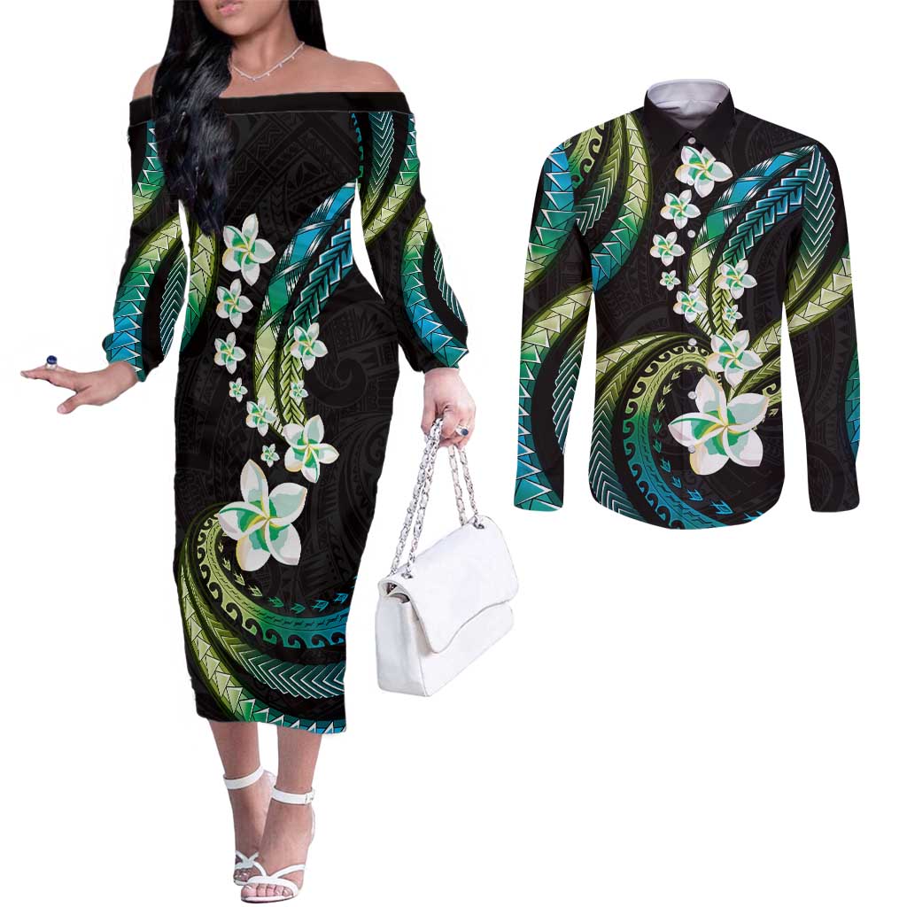 Hawaii Plumeria Couples Matching Off The Shoulder Long Sleeve Dress and Long Sleeve Button Shirt Chartreuse Cyan Polynesian Pattern LT01 Cyan - Polynesian Pride