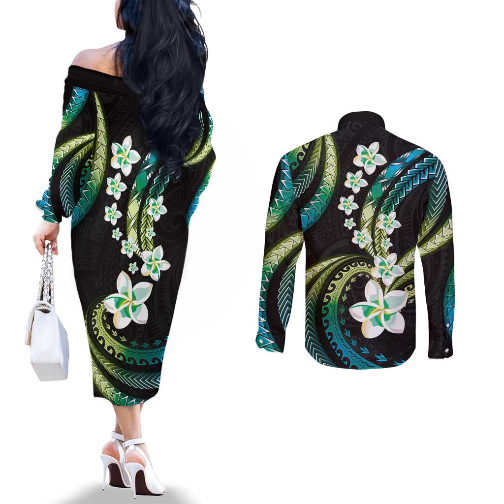Hawaii Plumeria Couples Matching Off The Shoulder Long Sleeve Dress and Long Sleeve Button Shirt Chartreuse Cyan Polynesian Pattern LT01 - Polynesian Pride