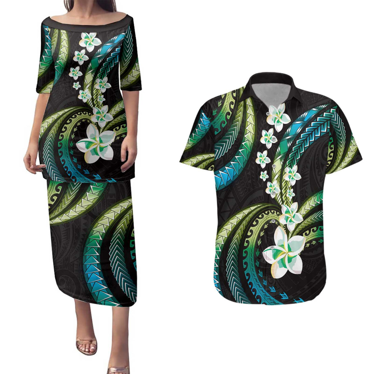 Hawaii Plumeria Couples Matching Puletasi and Hawaiian Shirt Chartreuse Cyan Polynesian Pattern LT01 Cyan - Polynesian Pride