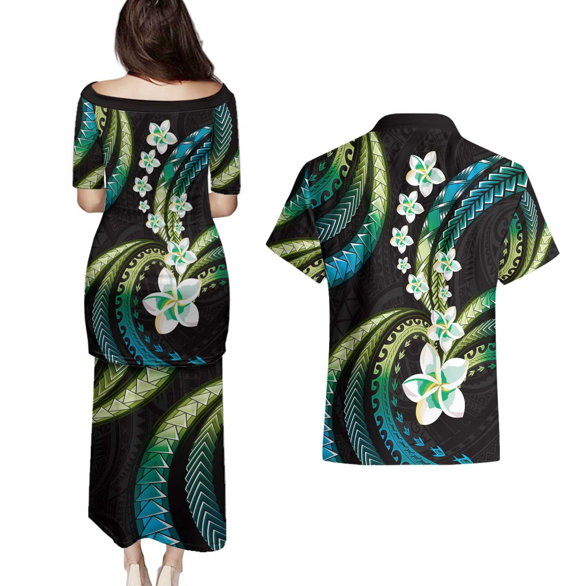 Hawaii Plumeria Couples Matching Puletasi and Hawaiian Shirt Chartreuse Cyan Polynesian Pattern LT01 - Polynesian Pride