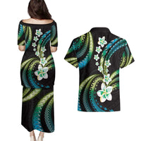 Hawaii Plumeria Couples Matching Puletasi and Hawaiian Shirt Chartreuse Cyan Polynesian Pattern LT01 - Polynesian Pride