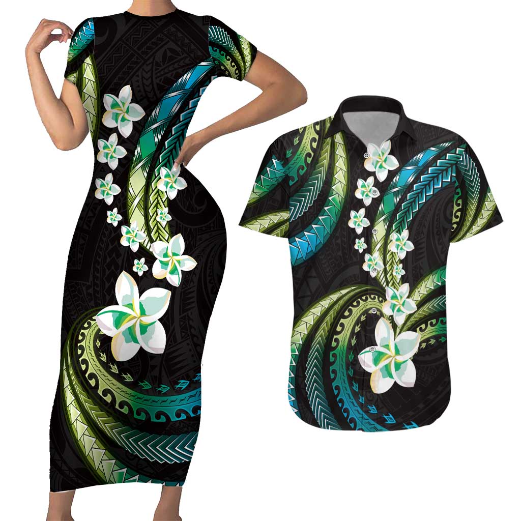 Hawaii Plumeria Couples Matching Short Sleeve Bodycon Dress and Hawaiian Shirt Chartreuse Cyan Polynesian Pattern LT01 Cyan - Polynesian Pride