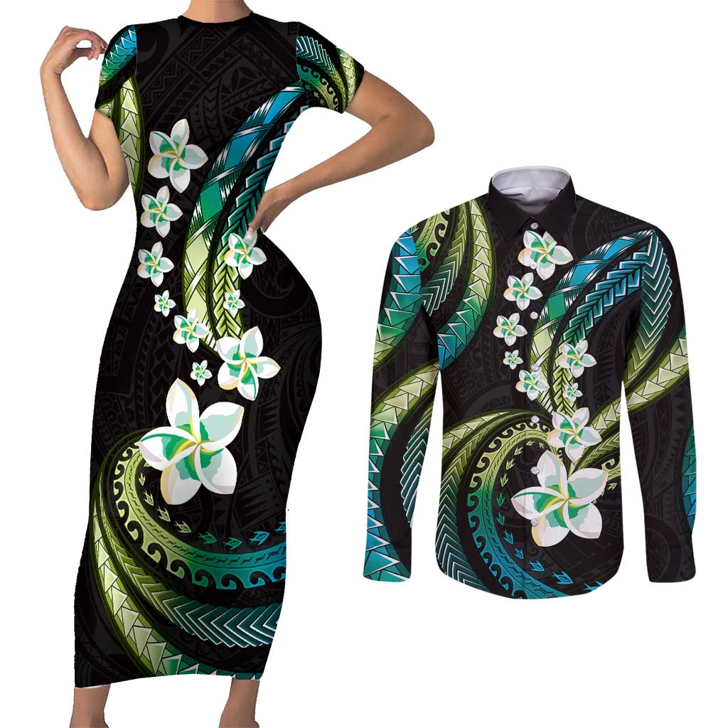 Hawaii Plumeria Couples Matching Short Sleeve Bodycon Dress and Long Sleeve Button Shirt Chartreuse Cyan Polynesian Pattern LT01 Cyan - Polynesian Pride