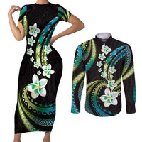 Hawaii Plumeria Couples Matching Short Sleeve Bodycon Dress and Long Sleeve Button Shirt Chartreuse Cyan Polynesian Pattern LT01 Cyan - Polynesian Pride