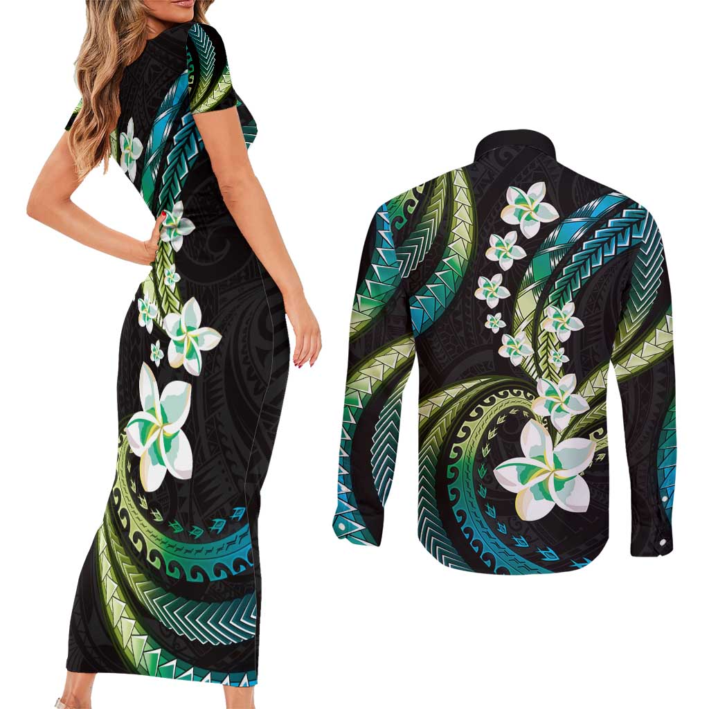 Hawaii Plumeria Couples Matching Short Sleeve Bodycon Dress and Long Sleeve Button Shirt Chartreuse Cyan Polynesian Pattern LT01 - Polynesian Pride