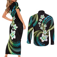 Hawaii Plumeria Couples Matching Short Sleeve Bodycon Dress and Long Sleeve Button Shirt Chartreuse Cyan Polynesian Pattern LT01 - Polynesian Pride