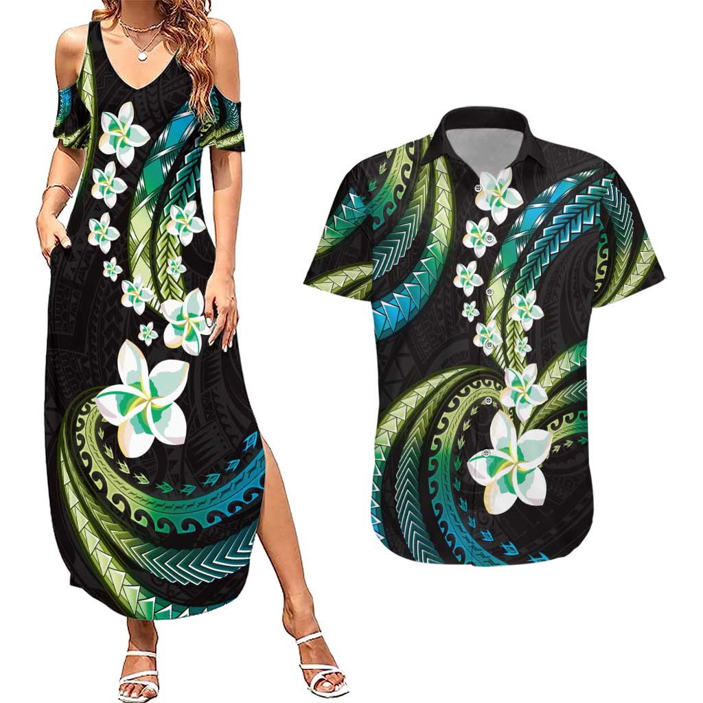 Hawaii Plumeria Couples Matching Summer Maxi Dress and Hawaiian Shirt Chartreuse Cyan Polynesian Pattern LT01 Cyan - Polynesian Pride