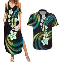 Hawaii Plumeria Couples Matching Summer Maxi Dress and Hawaiian Shirt Chartreuse Cyan Polynesian Pattern LT01 Cyan - Polynesian Pride