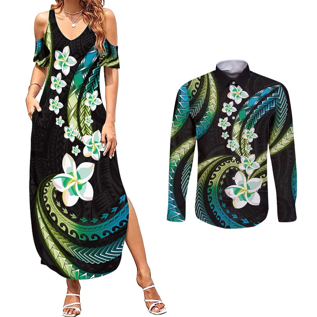 Hawaii Plumeria Couples Matching Summer Maxi Dress and Long Sleeve Button Shirt Chartreuse Cyan Polynesian Pattern LT01 Cyan - Polynesian Pride