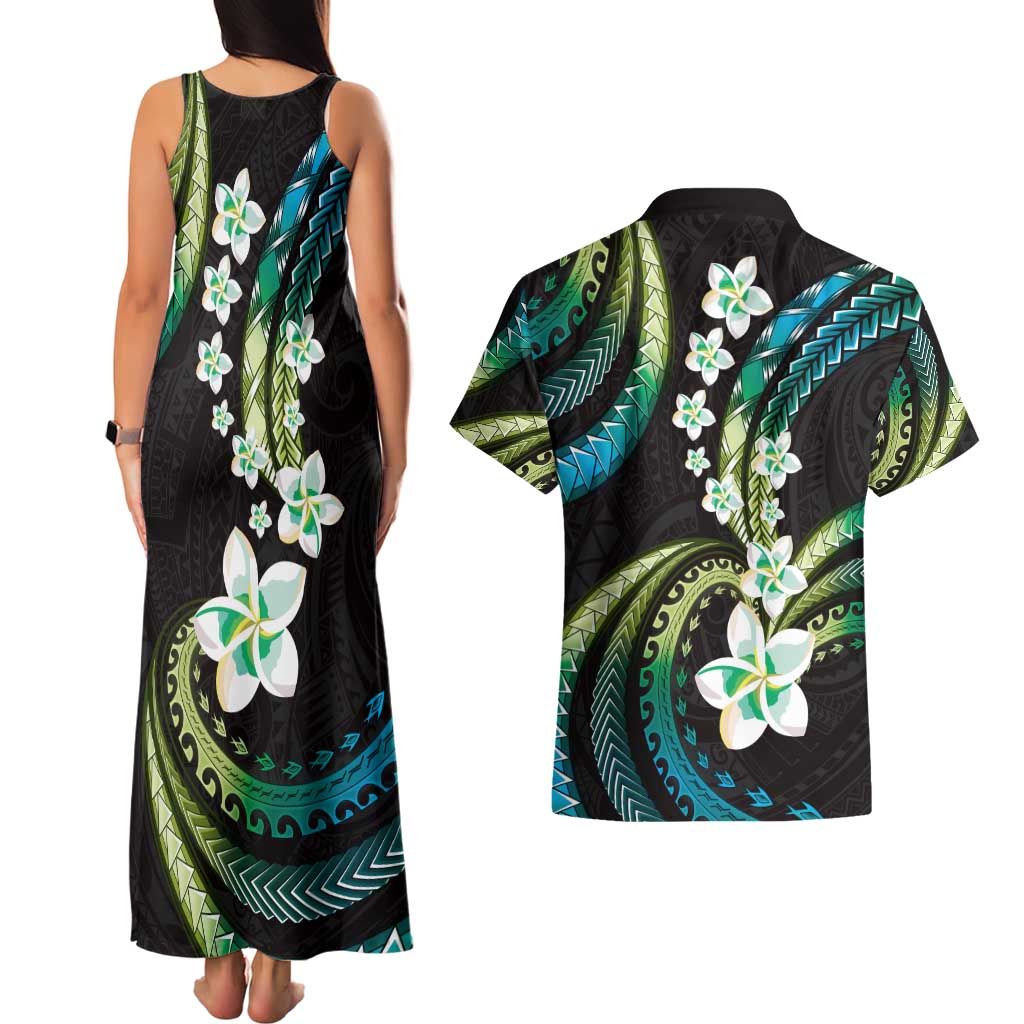 Hawaii Plumeria Couples Matching Tank Maxi Dress and Hawaiian Shirt Chartreuse Cyan Polynesian Pattern LT01 - Polynesian Pride