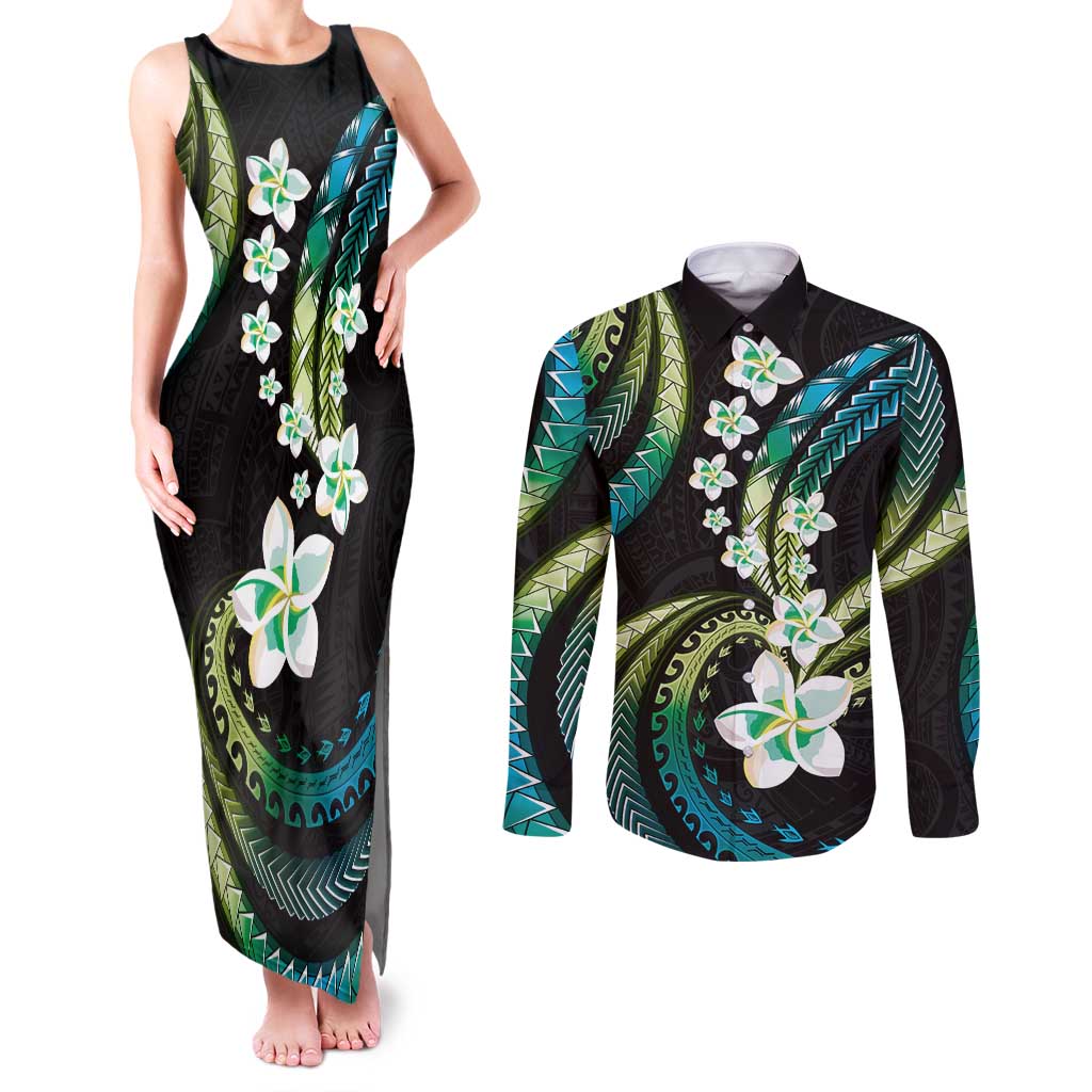 Hawaii Plumeria Couples Matching Tank Maxi Dress and Long Sleeve Button Shirt Chartreuse Cyan Polynesian Pattern LT01 Cyan - Polynesian Pride