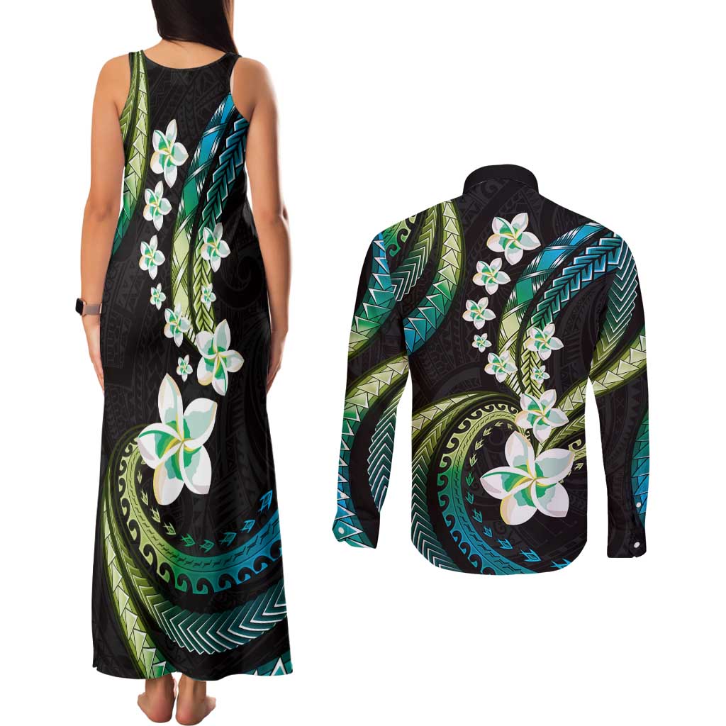 Hawaii Plumeria Couples Matching Tank Maxi Dress and Long Sleeve Button Shirt Chartreuse Cyan Polynesian Pattern LT01 - Polynesian Pride