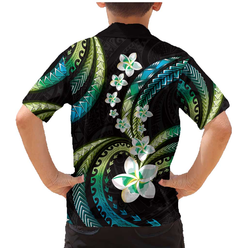 Hawaii Plumeria Family Matching Mermaid Dress and Hawaiian Shirt Chartreuse Cyan Polynesian Pattern