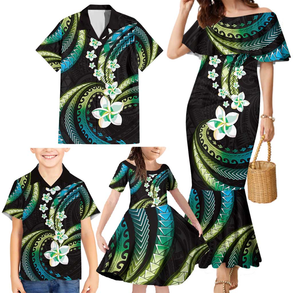 Hawaii Plumeria Family Matching Mermaid Dress and Hawaiian Shirt Chartreuse Cyan Polynesian Pattern