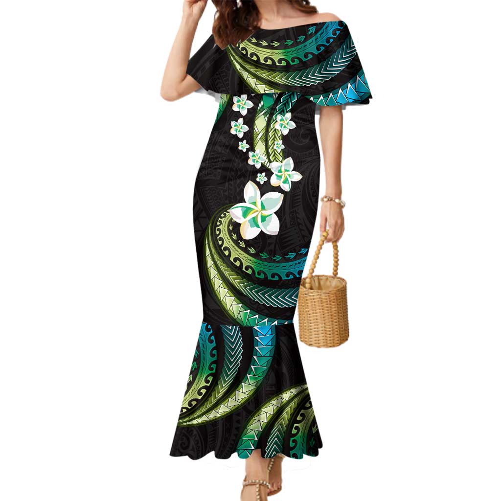 Hawaii Plumeria Family Matching Mermaid Dress and Hawaiian Shirt Chartreuse Cyan Polynesian Pattern