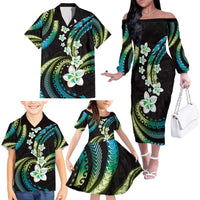 Hawaii Plumeria Family Matching Off The Shoulder Long Sleeve Dress and Hawaiian Shirt Chartreuse Cyan Polynesian Pattern