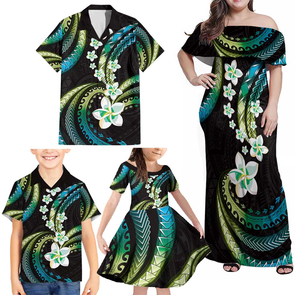Hawaii Plumeria Family Matching Off Shoulder Maxi Dress and Hawaiian Shirt Chartreuse Cyan Polynesian Pattern