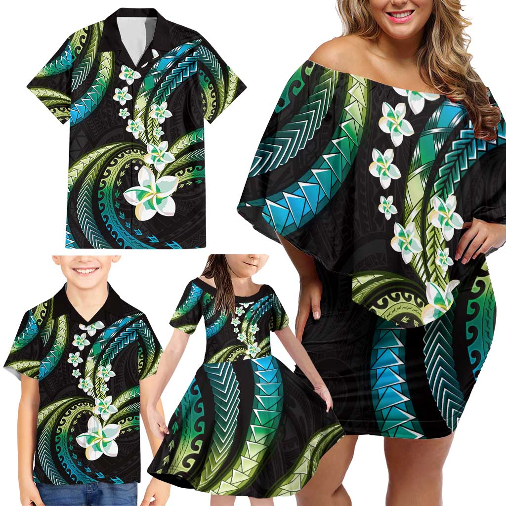 Hawaii Plumeria Family Matching Off Shoulder Short Dress and Hawaiian Shirt Chartreuse Cyan Polynesian Pattern