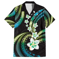 Hawaii Plumeria Family Matching Puletasi and Hawaiian Shirt Chartreuse Cyan Polynesian Pattern