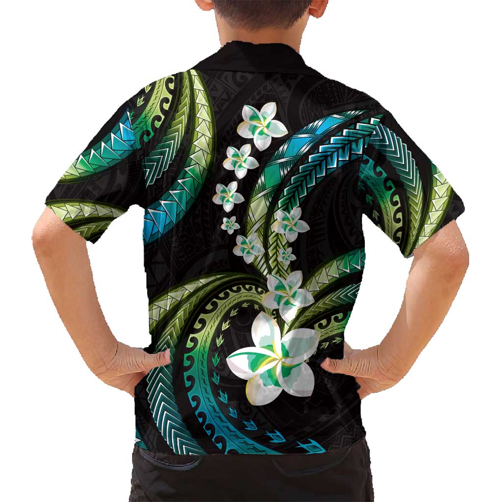 Hawaii Plumeria Family Matching Summer Maxi Dress and Hawaiian Shirt Chartreuse Cyan Polynesian Pattern