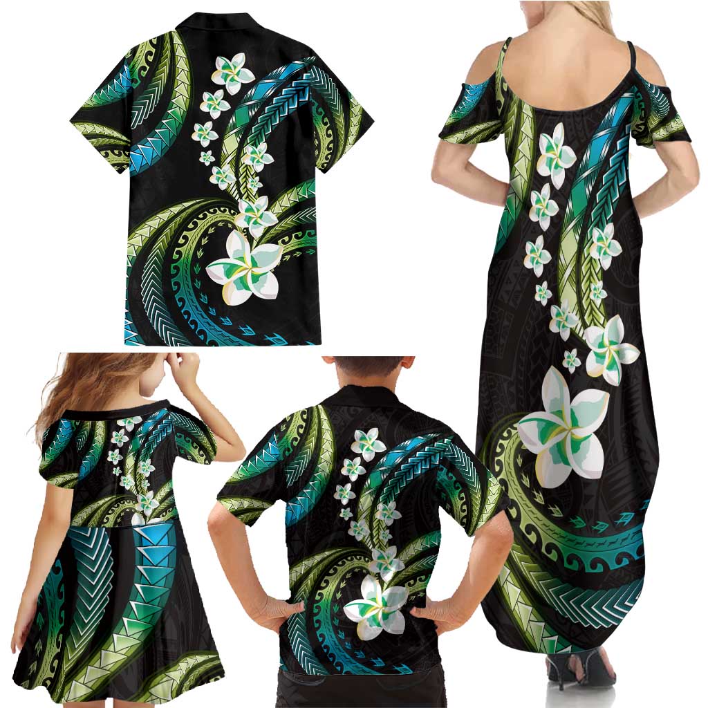 Hawaii Plumeria Family Matching Summer Maxi Dress and Hawaiian Shirt Chartreuse Cyan Polynesian Pattern