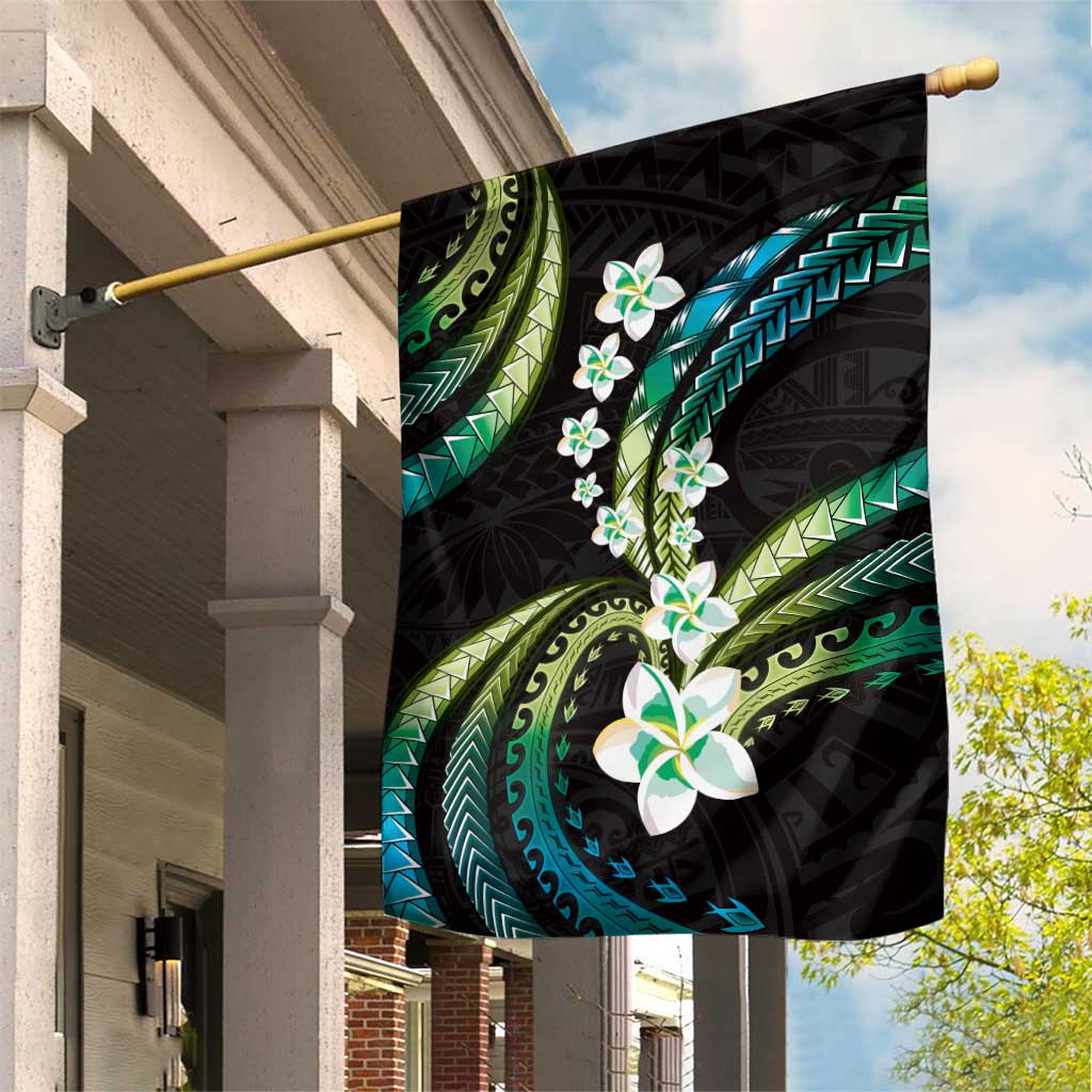 Hawaii Plumeria Garden Flag Chartreuse Cyan Polynesian Pattern