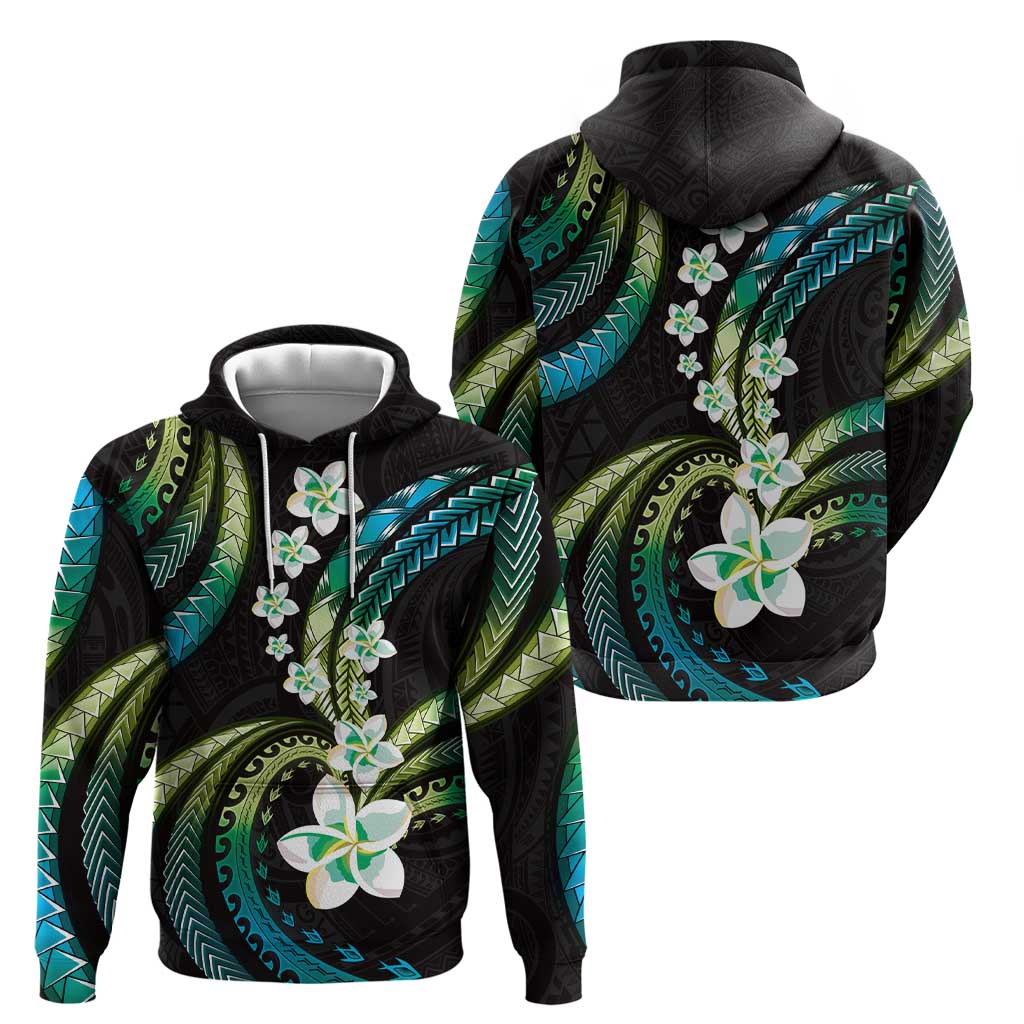 Hawaii Plumeria Hoodie Chartreuse Cyan Polynesian Pattern