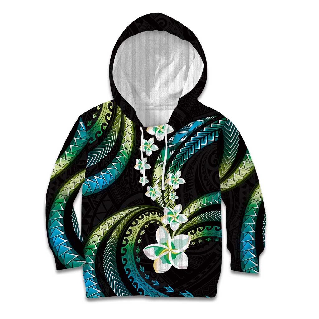 Hawaii Plumeria Kid Hoodie Chartreuse Cyan Polynesian Pattern