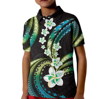 Hawaii Plumeria Kid Polo Shirt Chartreuse Cyan Polynesian Pattern