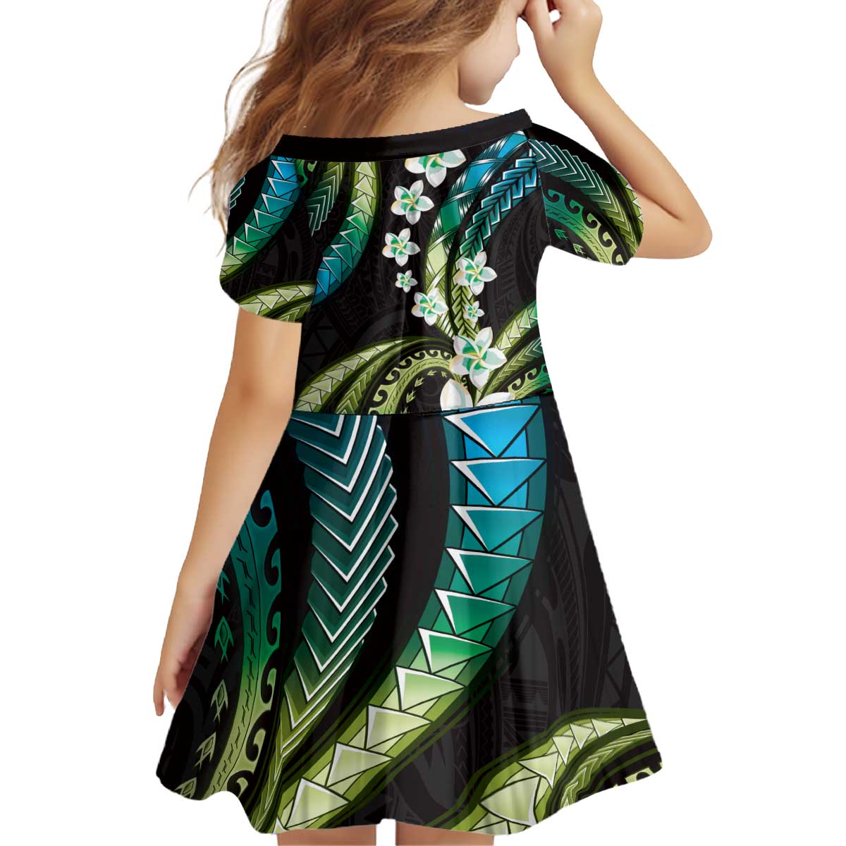 Hawaii Plumeria Kid Short Sleeve Dress Chartreuse Cyan Polynesian Pattern LT01 - Polynesian Pride