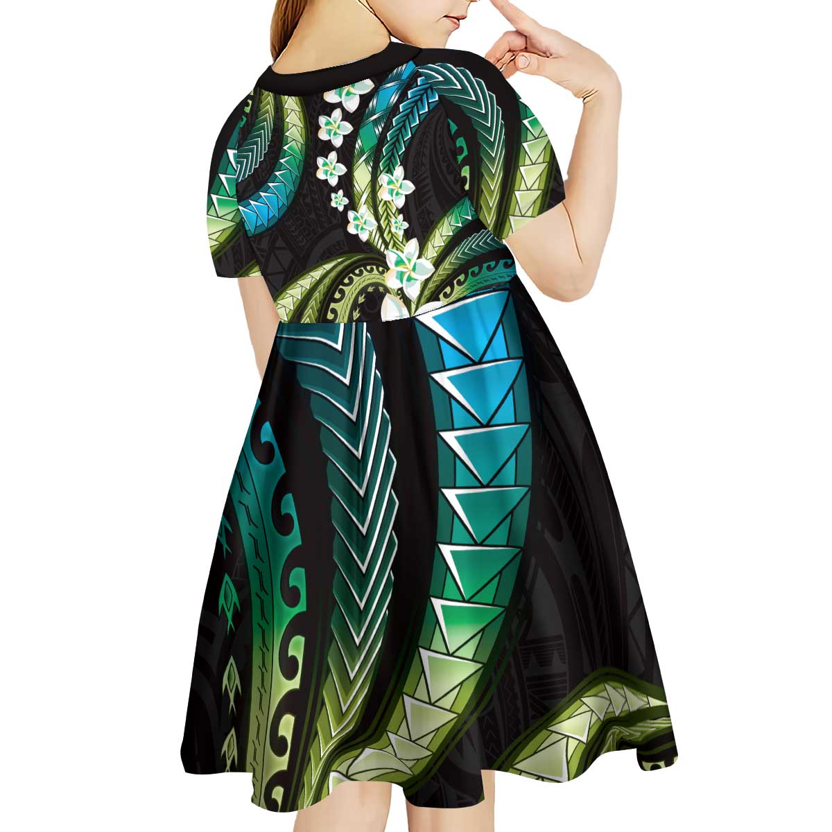 Hawaii Plumeria Kid Short Sleeve Dress Chartreuse Cyan Polynesian Pattern LT01 - Polynesian Pride