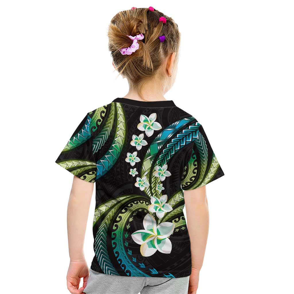 Hawaii Plumeria Kid T Shirt Chartreuse Cyan Polynesian Pattern