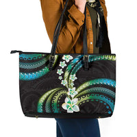 Hawaii Plumeria Leather Tote Bag Chartreuse Cyan Polynesian Pattern