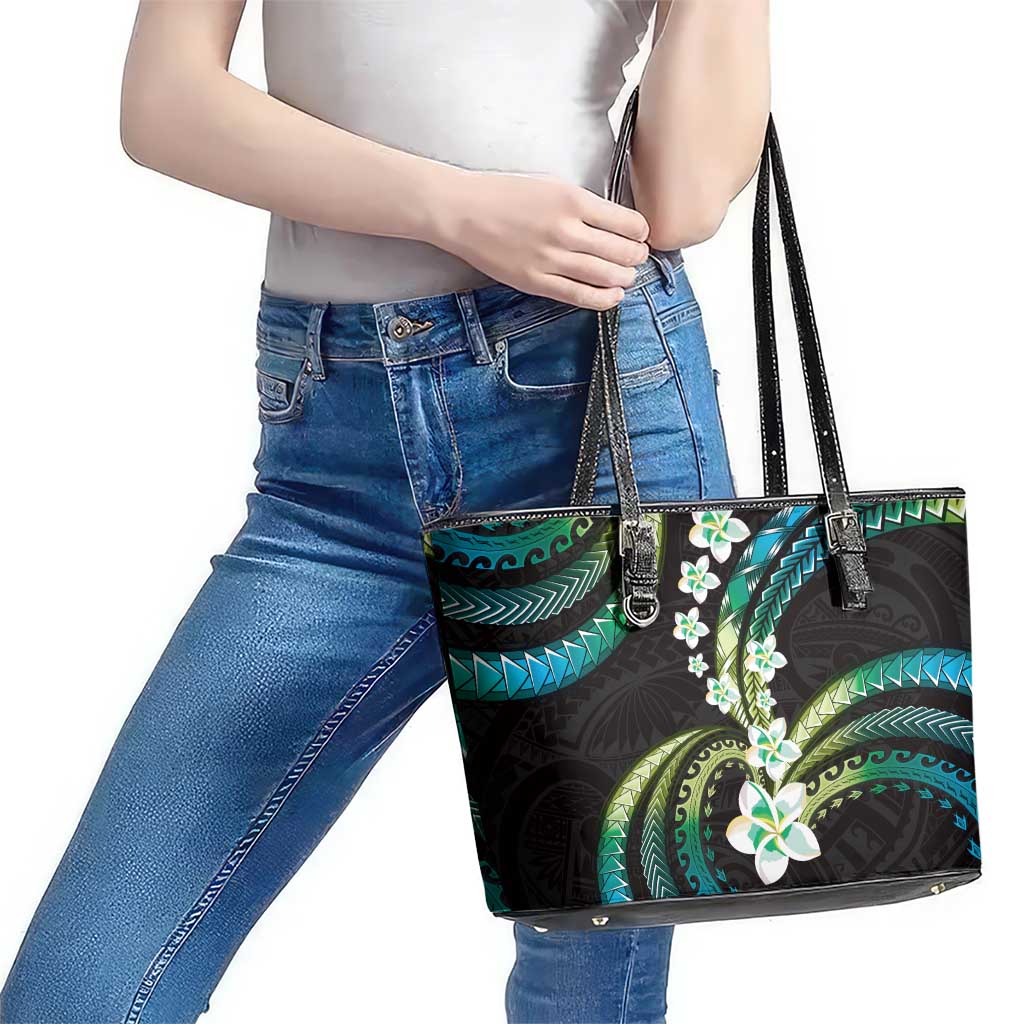 Hawaii Plumeria Leather Tote Bag Chartreuse Cyan Polynesian Pattern
