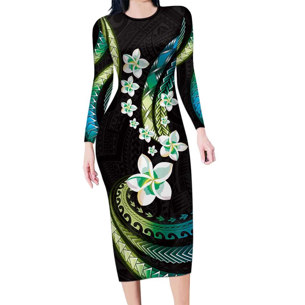 Hawaii Plumeria Long Sleeve Bodycon Dress Chartreuse Cyan Polynesian Pattern