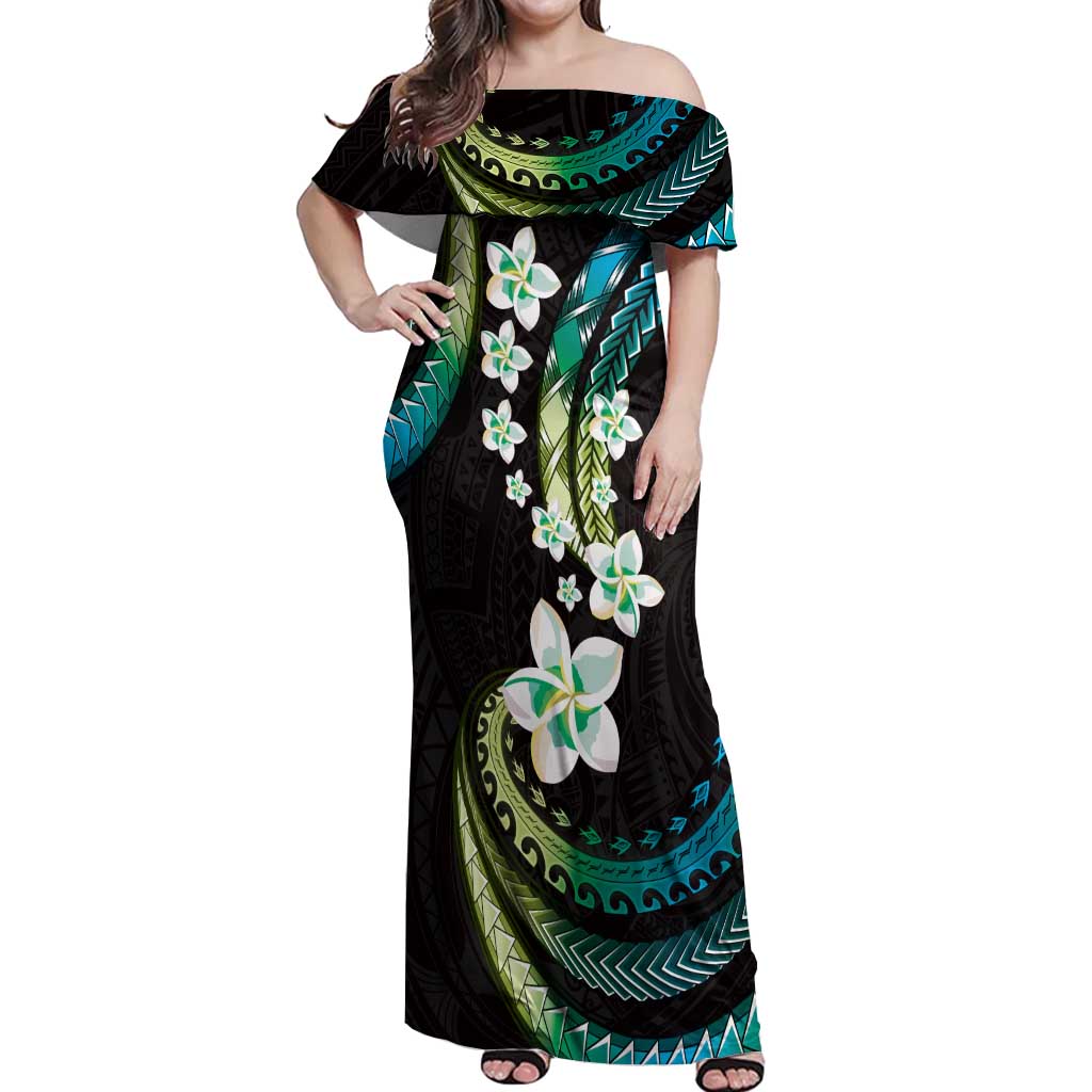 Hawaii Plumeria Off Shoulder Maxi Dress Chartreuse Cyan Polynesian Pattern