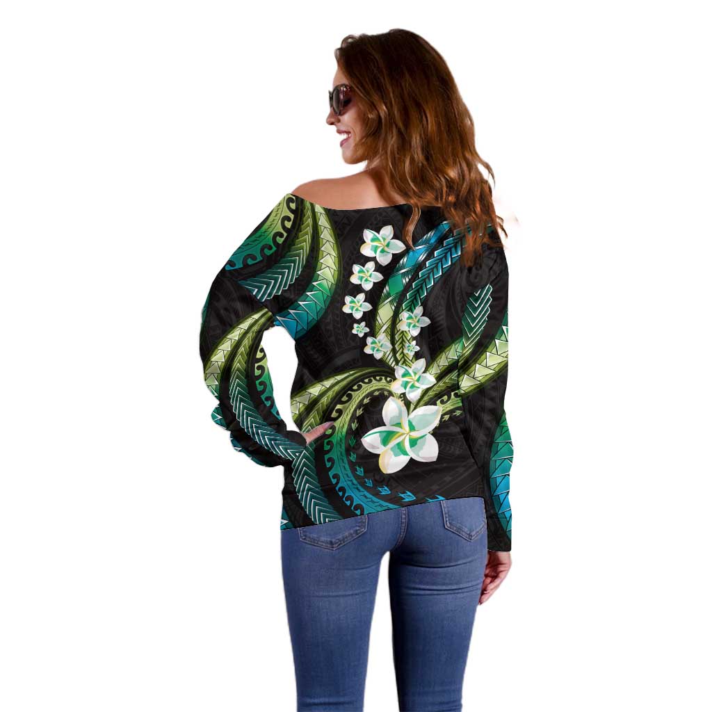 Hawaii Plumeria Off Shoulder Sweater Chartreuse Cyan Polynesian Pattern